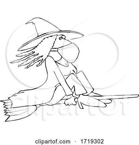 Cartoon Black and White Halloween Witch Flying and Wearing a Mask by djart
