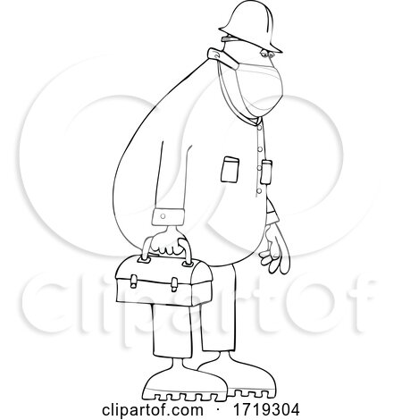Cartoon Black and White Male Worker Wearing a Mask and Carrying a Lunch Pail by djart