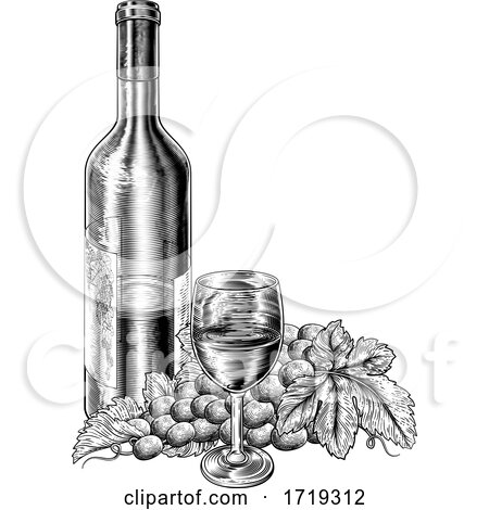 Wine Glass Bottle Grapes Vine Bunch Woodcut Style by AtStockIllustration