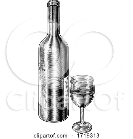Wine Glass and Bottle Vintage Woodcut Etching by AtStockIllustration