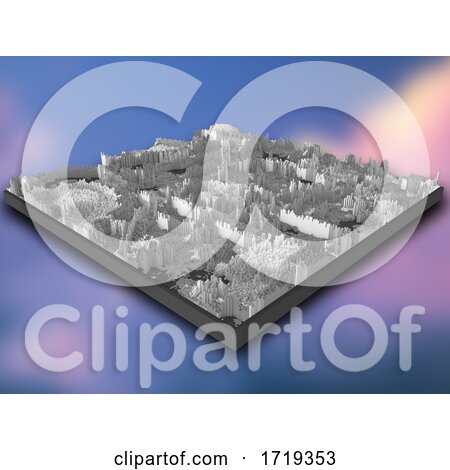 3D Isometric Landscape of Grey Extruding Cubes on a Gradient Blur Background by KJ Pargeter