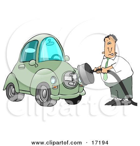 Nervous Caucasian Businessman Trying To Figure Out How To Plug In His New Electric Car To A Socket Clipart Illustration Image by djart