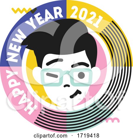 Young Winking and Smiling Male Character in Round Frame with Text Happy New Year 2021 by elena