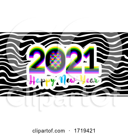 Modern Multicolored Numbers 2021 with Stereoscopic Effect and Happy New Year Greetings on Striped Background by elena