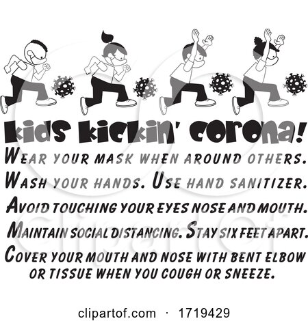 Black and White Kids Kickin Corona Virus with Safety Text by Johnny Sajem