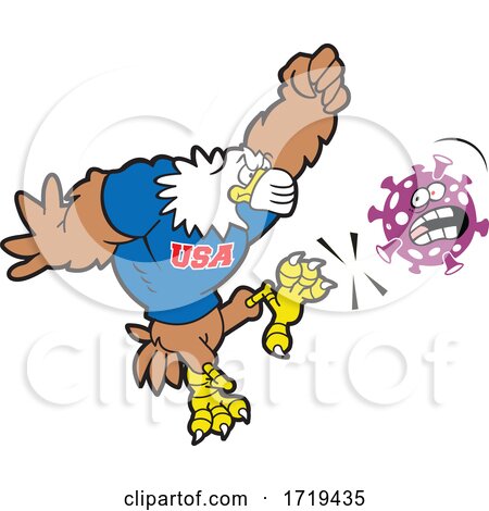 American Bald Eagle Mascot Wearing a Mask and Kicking Corona Virus by Johnny Sajem