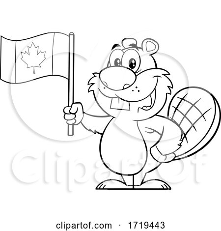 Cartoon Black and White Beaver Mascot Holding a Canadian Flag by Hit Toon