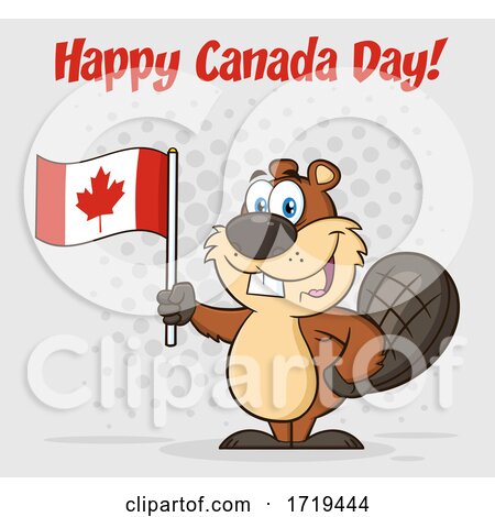 Cartoon Beaver Mascot Holding a Flag Under Happy Canada Day Text by Hit Toon