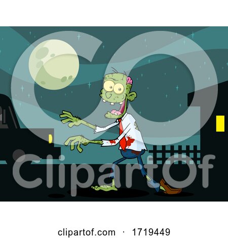Cartoon Zombie Walking near a House and Car by Hit Toon