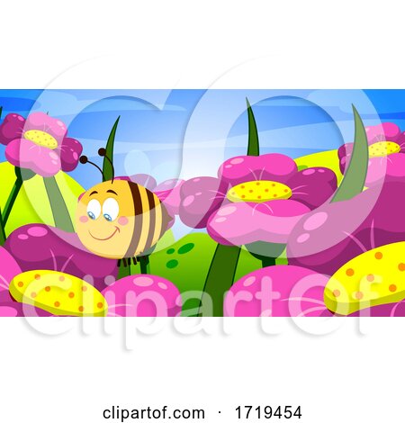 Happy Bee Pollinating Flowers by Hit Toon