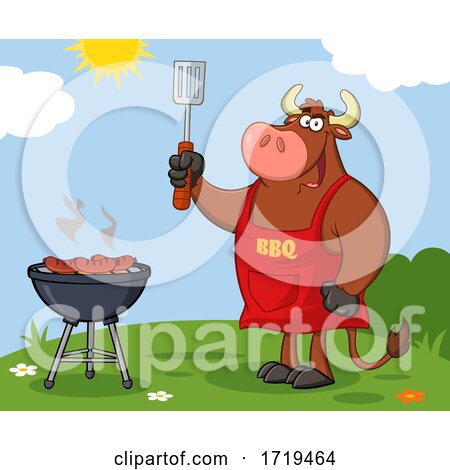 Cartoon Bull BBQ Chef Grilling Sausages on a Barbeque Outside by Hit Toon