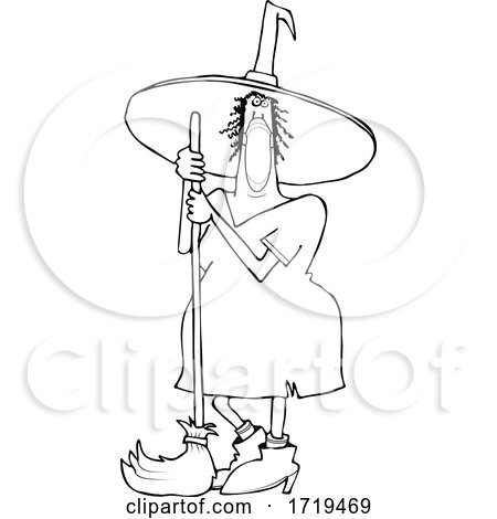 Cartoon Black and White Halloween Witch Wearing a Covid Mask and Standing with a Broom by djart