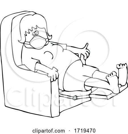 Cartoon Black and White Sick Woman Wearing a Mask and Resting in a Recliner Chair by djart