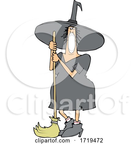 Cartoon Halloween Witch Wearing a Covid Mask and Standing with a Broom by djart