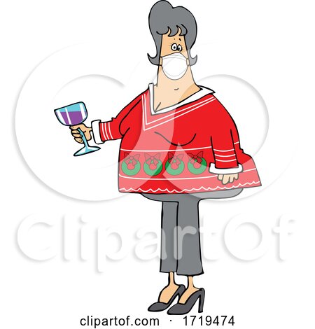 Cartoon Chubby White Woman Holding a Glass of Wine and Wearing a Covid Mask and Ugly Christmas Sweater at a Party by djart