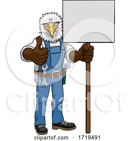 Eagle Cartoon Mascot Handyman Holding Sign by AtStockIllustration