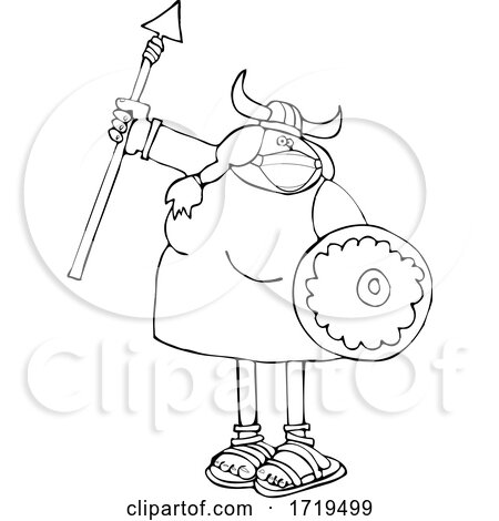 Black and White Viking Woman Armed with a Covid Mask Spear and Shield by djart