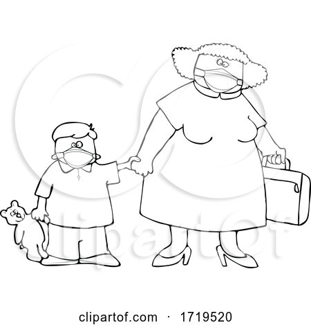 Cartoon Black and White Traveling Mother and Son Wearing Covid Face Masks by djart