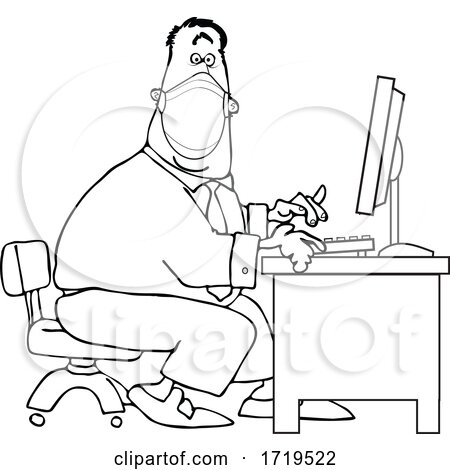 Cartoon Black and White Businessman Wearing a Covid Mask and Typing at a Desk by djart