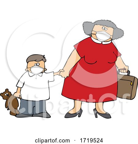 Cartoon Traveling Mother and Son Wearing Covid Face Masks by djart