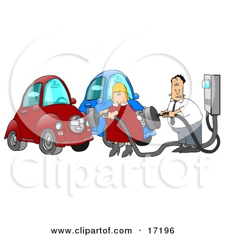 Caucasian Couple, a Man and a Woman, in Their Garage, Plugging in their Electric Cars to Sockets to Charge Clipart Illustration Image by djart