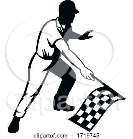 Flagman Race Official Waving Checkered or Chequered Flag Finish Line Retro Retro Black and White by patrimonio