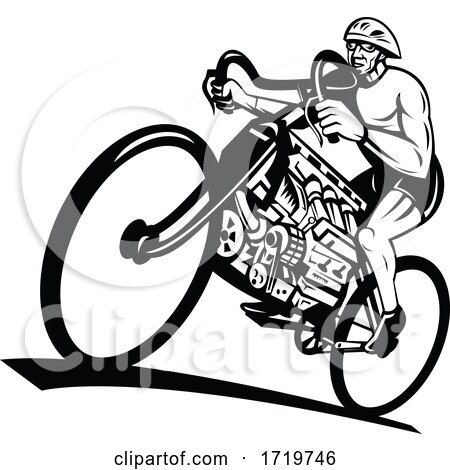 Cyclist Riding Bicycle with Eight Cylinder Piston Engine or V8 Engine Retro Black and White by patrimonio