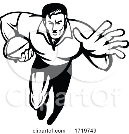 Rugby Player Running with Ball Fending off Retro Black and White by patrimonio