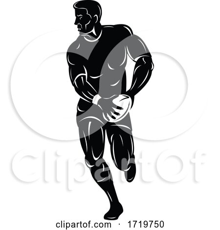 Rugby Player Running Passing Ball Viewed from Front Retro Woodcut Black and White by patrimonio