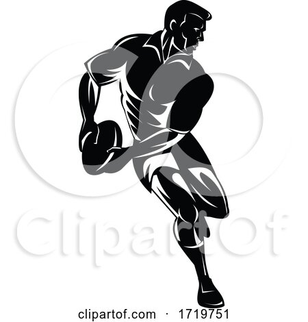 Rugby Player Passing the Ball Viewed from Front Retro Woodcut Black and White by patrimonio