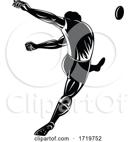 Rugby Player or Kicker Kicking the Ball Viewed from Rear Retro Woodcut Black and White by patrimonio