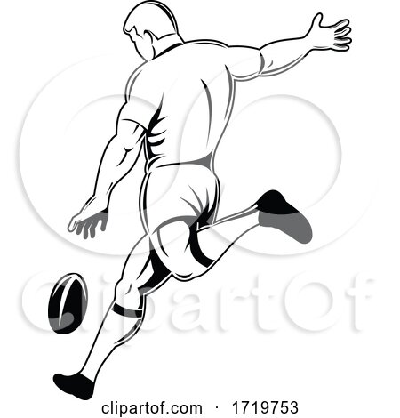 Rugby Player or Kicker Drop Kicking the Ball Viewed from Side Retro Woodcut Black and White by patrimonio