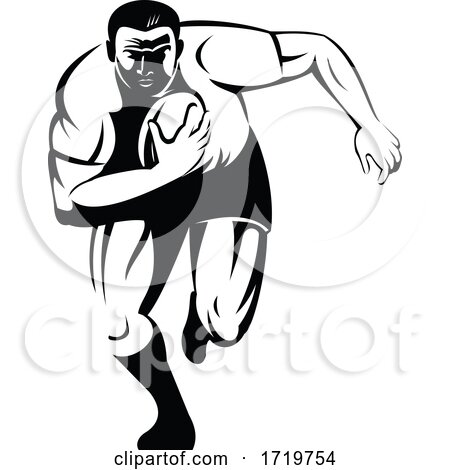 Rugby Player Running with Ball Viewed from Front Retro Woodcut Black and White by patrimonio