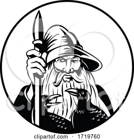 Odin Norse God of War and of the Dead and Ravens Circle Retro Black and White by patrimonio
