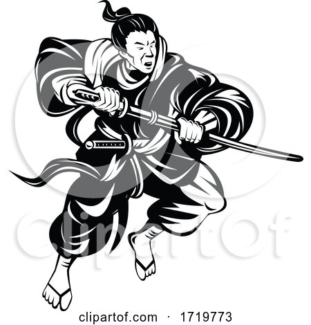 Samurai Warrior or Bushi with Katana Sword Fighting Retro Woodcut Black and White by patrimonio