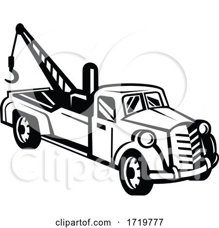 Vintage Tow Truck or Wrecker Pick up Truck Side View Retro Black and White by patrimonio