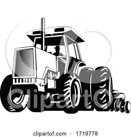 Farm Tractor Pulling a Plow or Plough While Plowing Retro Black and White by patrimonio