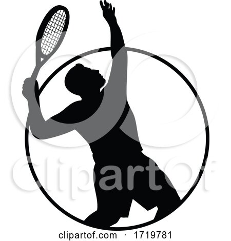Male Tennis Player with Racquet Serving Silhouette Circle Retro Retro Black and White by patrimonio