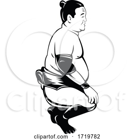 Sumo Wrestler or Rikishi Squatting Side View Retro Black and White by patrimonio