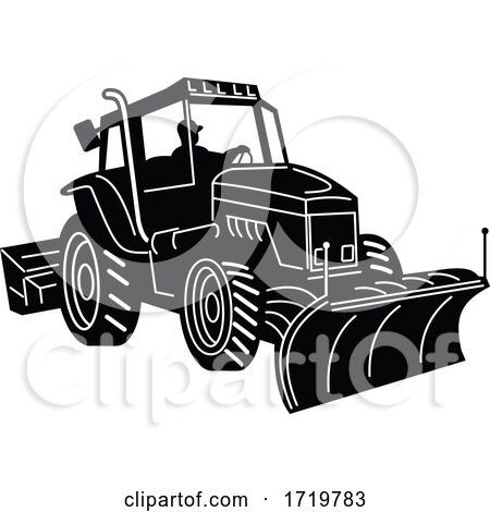 Snow Plow Tractor Snow Removal Machine Side Retro Black and White by patrimonio