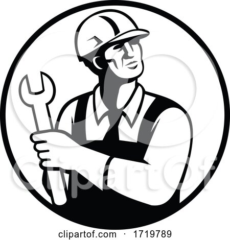 Repairman or Handyman Holding a Spanner Looking up Circle Retro Black and White by patrimonio