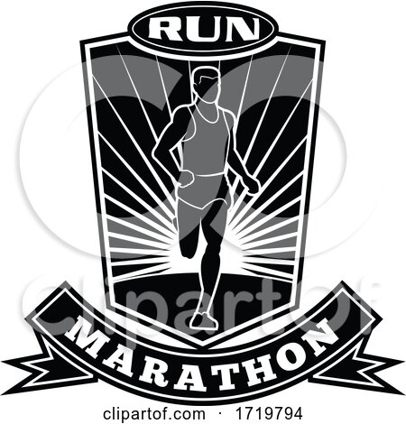 Marathon Runner Running Front View Shield Retro Black and White by patrimonio