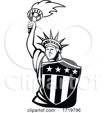 Lady Liberty with Torch and Usa American Stars and Stripes Shield Mascot Black and White by patrimonio