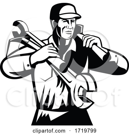 Handyman Repairman Builder Carrying Spanner and Spade Retro Black and White by patrimonio