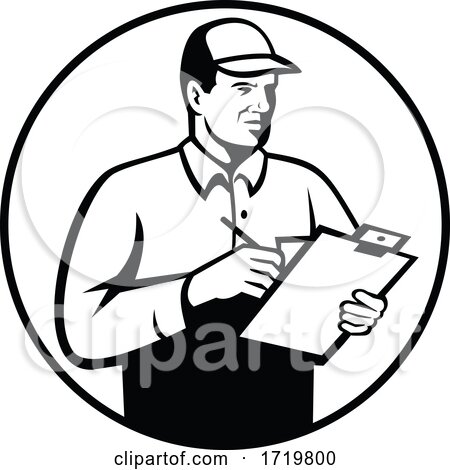 Inspector or Technician with Clipboard Checklist Inspecting Retro Black and White by patrimonio
