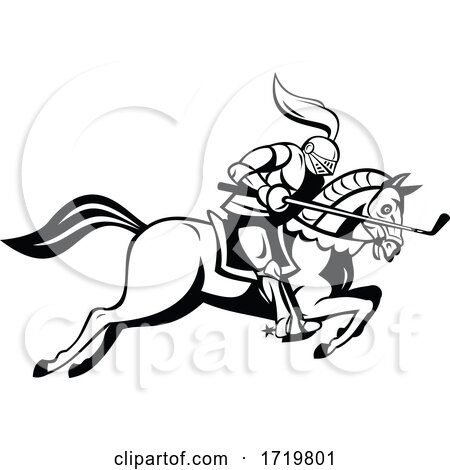 Knight Riding Horse with Golf Club As Lance Side Cartoon Retro Black and White by patrimonio