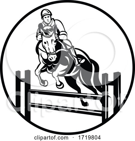 Rider on Horse Show Jumping Stadium Jumping or Open Jumping Retro Black and White by patrimonio