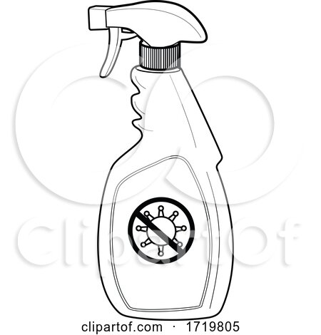 Disinfectant Spray Bottle with Stop Pandemic Virus Sign Line Drawing Black and White by patrimonio