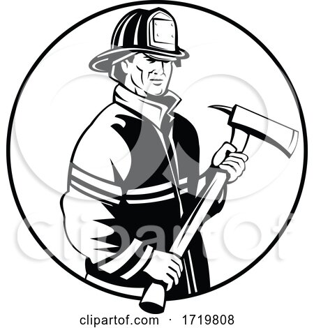 American Fireman Firefighter First Responder Holding Fire Ax Mascot Black and White by patrimonio