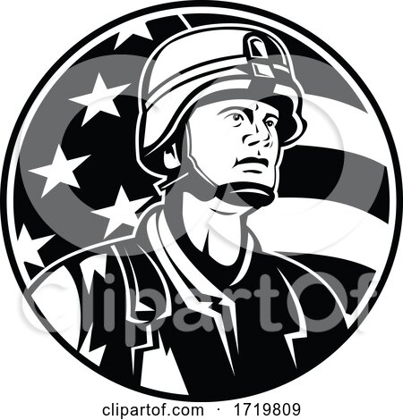 Bust of American Soldier Military Serviceman with USA Stars and Stripes Flag Mascot Black and White by patrimonio